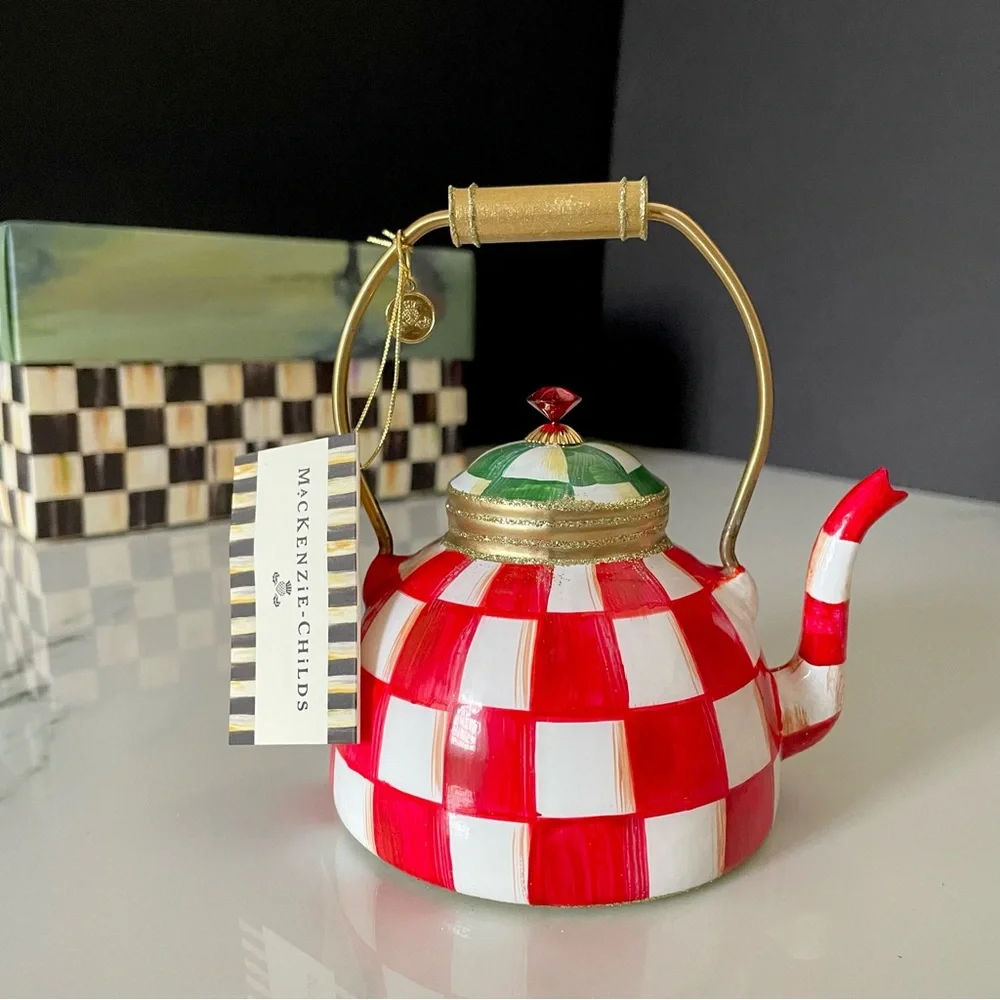Red Check It Out Tea Kettle Ornament by Mackenzie Childs